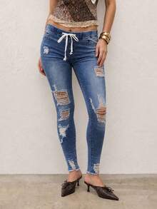Women Distressed Ripped Skinny Jeans Drawstring Medium Blue Light Wash Stretch Vintage Fall Grunge Y2K Boho Coette Bohemian Retro 90s Preppy Daily - Blue - View 4