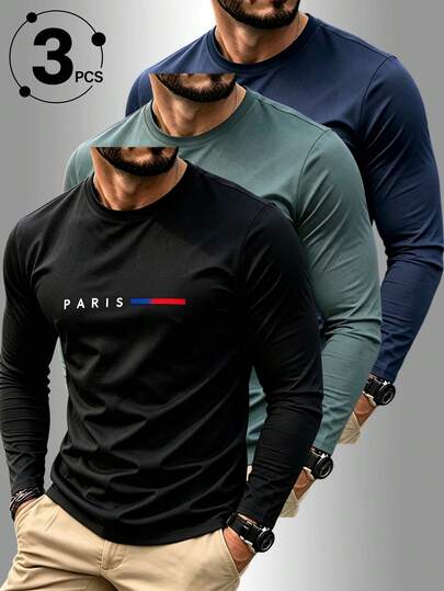 3pcs/Set Men's Crew Neck Long Sleeve T-Shirt Set, Paris Gradient Print On Chest, Suitable For Weekend Travel, American Casual Style