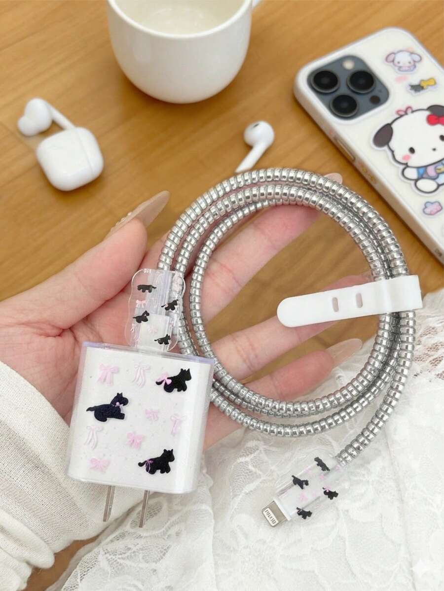 1 Set Cute Cat Data Cable Protector, Cute Style Phone Accessory, Compatible With Apple 18W/20W PD Fast Charging, Cartoon Style Gift Item, Also Suitable As Birthday, Christmas, New Year Holiday Gift For Family - Black Cat Bow - View 1