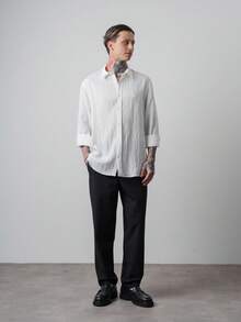 Premium Men Embroidered Detail Textured Button Front Long Sleeve Shirt - White - View 4