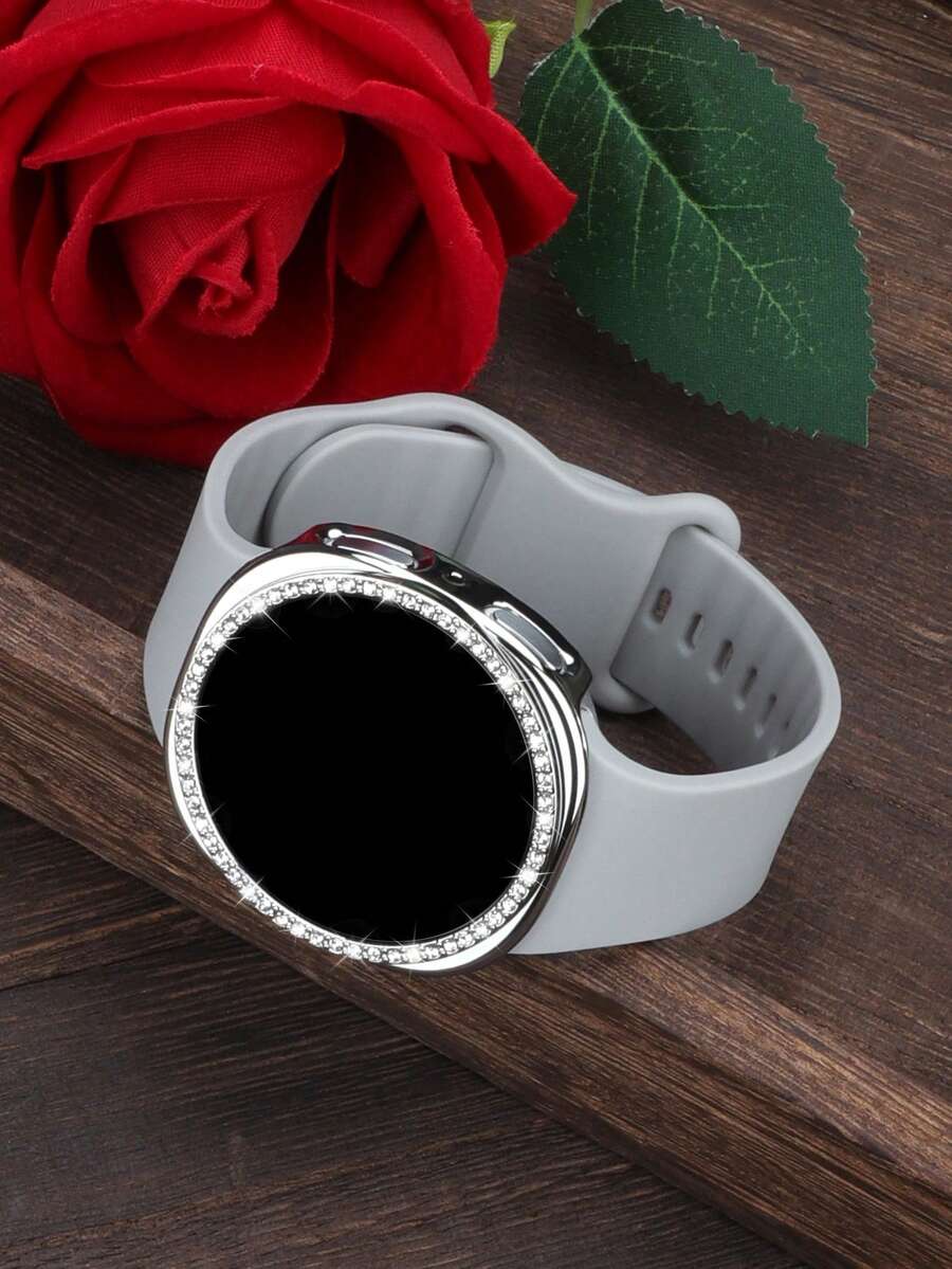 Watch Band + Watch Case Set, Compatible With Samsung Galaxy Watch 9/8 40mm And 44mm. Soft Comfortable Casual Sports Silicone Watch Band And Shockproof, Scratch-Resistant Shiny Rhinestone Watch Case. Easy To Wear, Sensitive Touch. Suitable For Women's Smart Watch Band And Case. - Silver Strap With Diamond-set Case - View 1