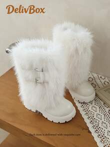 2026 Winter Girls' Plush Mid-Calf Boots, Long Fur Upper With Double Metal Buckle Decor, Round Toe, Thick Serrated Non-Slip Sole, Warm Snow Boots, Sweet & Cool Style, Daily Wear, Outdoor, Photo Outfit, Mid-Calf Kids' Shoes - Beige - View 5