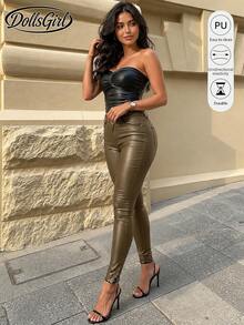 High Waist Button Slant Pocket PU Leather Elastic Skinny Pants, Casual Trousers For Music Festival & Party Fall - Khaki - View 1