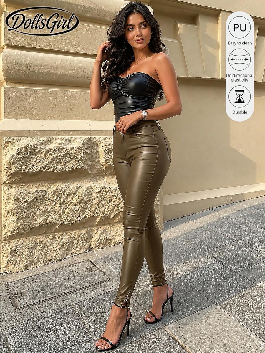 High Waist Button Slant Pocket PU Leather Elastic Skinny Pants, Casual Trousers For Music Festival & Party Fall - Khaki - View 1