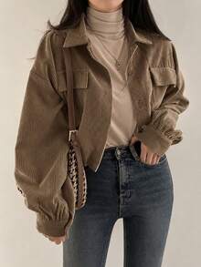 YUXIN Women's Autumn Vintage Short Corduroy Jacket, Lapel Button-Up Cardigan, Multi-Functional Practical Pockets, Drawstring Adjustable Hem, Casual Loose Fit, Elegant Everyday Top - Khaki - View 10