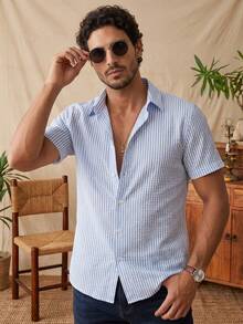 glestore Men's Vintage Casual Short Sleeve Shirt, Lightweight Polyester Fabric, Suitable For All Seasons, Versatile And Easy To Wear - Blue and White - View 1