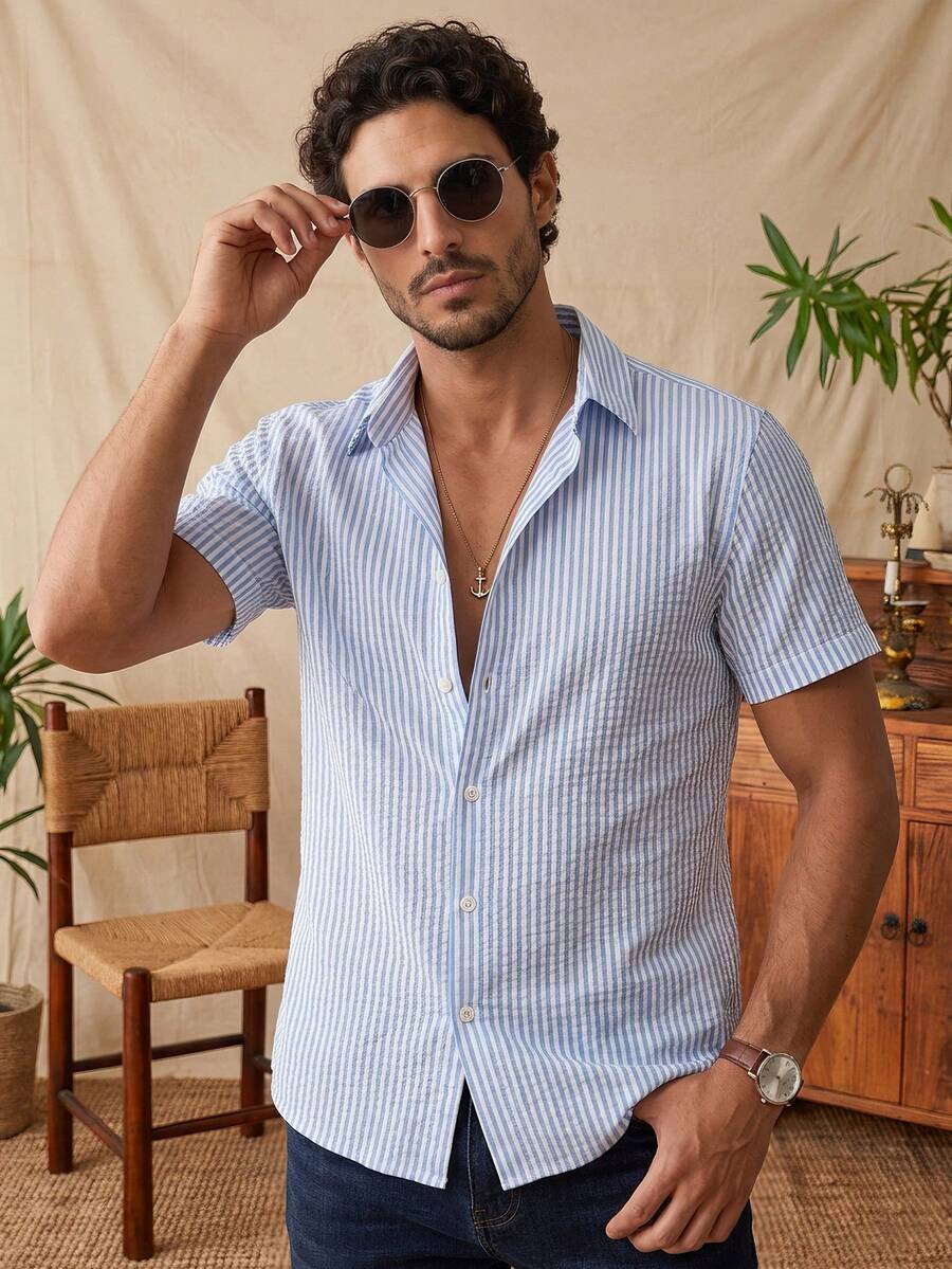 glestore Men's Vintage Casual Short Sleeve Shirt, Lightweight Polyester Fabric, Suitable For All Seasons, Versatile And Easy To Wear - Blue and White - View 1
