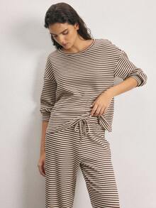 Ocili Striped Print Drop Shoulder Lounge Top PJ Set Sleep Pants - Khaki - View 18