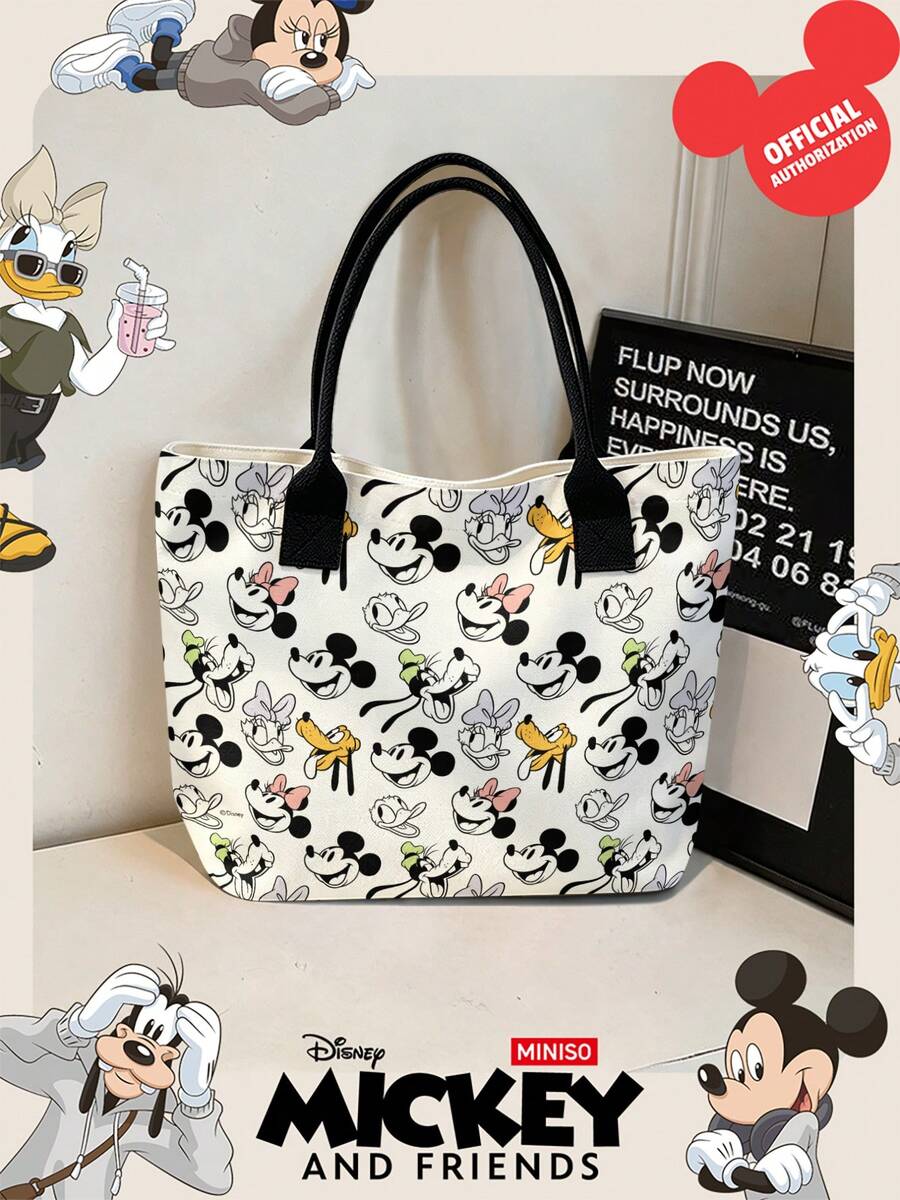 Miniso Disney Mickey And Friends Canvas Tote Bag With All-Over Cartoon Character Print Shoulder Bag With Handles For Daily Use - Black - View 1