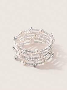 Valisandre 1pc New Fashion 5-Row Multi-Layer Crystal Pearl Twist Cuff Bracelet, Bridal Wedding Gift For Women And Girls - Silver - View 5