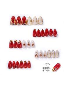 10片中號杏仁形女用穿戴式假指甲，酒紅與奶油色，3D玫瑰金浮雕玫瑰、珍珠與金屬葉裝飾，奢華優雅 Gel-X 假指甲，適合婚禮、派對與日常配戴 - 彩色 - 查看 4