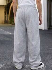 Men's Grey Drawstring Straight Leg Sweatpants, Square Fabric Patchwork Decor, Elastic Waist With Double Drawstring Design, Minimalist Daily Commute Long Pants - Light Grey - View 2