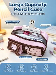 Multi‑Layer Large‑Capacity Pencil Case, Portable Zipper Pen Pouch With Front Small Pocket, Lightweight Cosmetic Makeup Storage Bag, Daily Multi‑Purpose Travel Storage Pouch, Durable Fabric Handheld Pen Bag For Office, College, Gifts - Kitten Pencil Case - View 3
