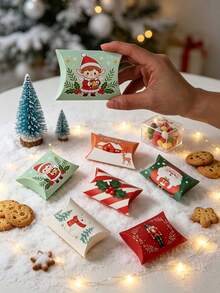 6PCS/12PCS Kotak Hadiah Berbentuk Bantal Kartun Natal, Kotak Kertas Bergambar Santa, Nutcracker, dan Elf untuk Permen, Kue, dan Camilan, Kemasan Suvenir Pesta Natal - View 3
