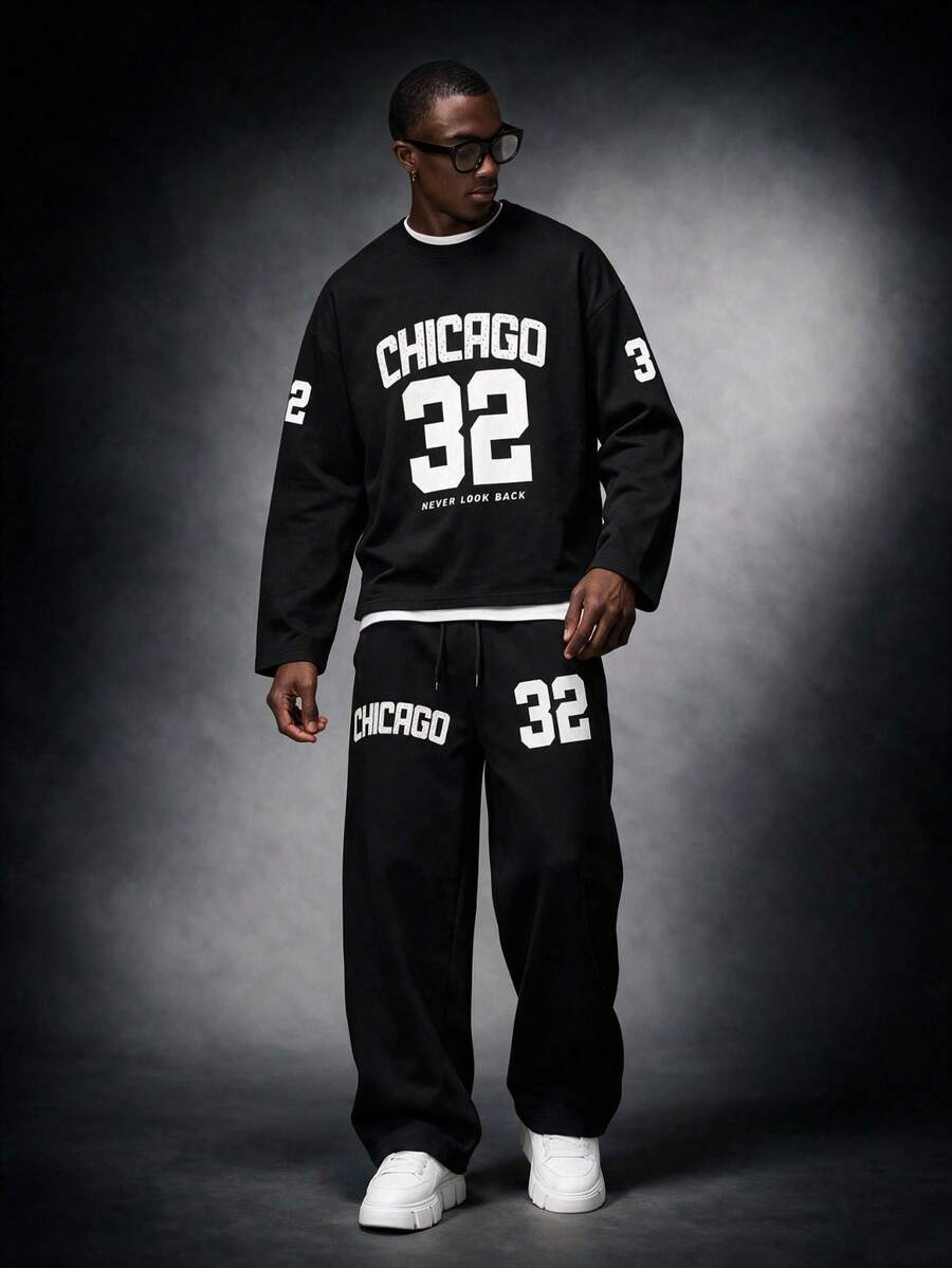 SU ER Men's Summer Crew Neck Casual Long Sleeve T-Shirt And Casual Pants Set - Black - View 1