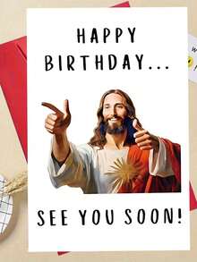 1pc Meme Style Humorous Religious Theme "See You Soon" Birthday Card, Includes Envelope, Thick Matte Writable Paper, Casual Handwritten Font Minimalist Jesus Portrait Design, Suitable For Lighthearted Satirical Celebration Card - Multicolor - View 6