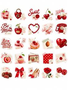 50Pcs Red Sweet Cherry Graphic Stickers, Aesthetic Fruit Dessert Waterproof Decals For Notebook, Luggage, Skateboard - Multicolor - View 11