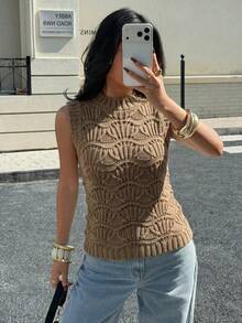 1pc Women's Summer Fashion Hollow Design Chunky Knit Sleeveless Vest, Solid Color Casual Knitted Tank Top - Camel - View 7