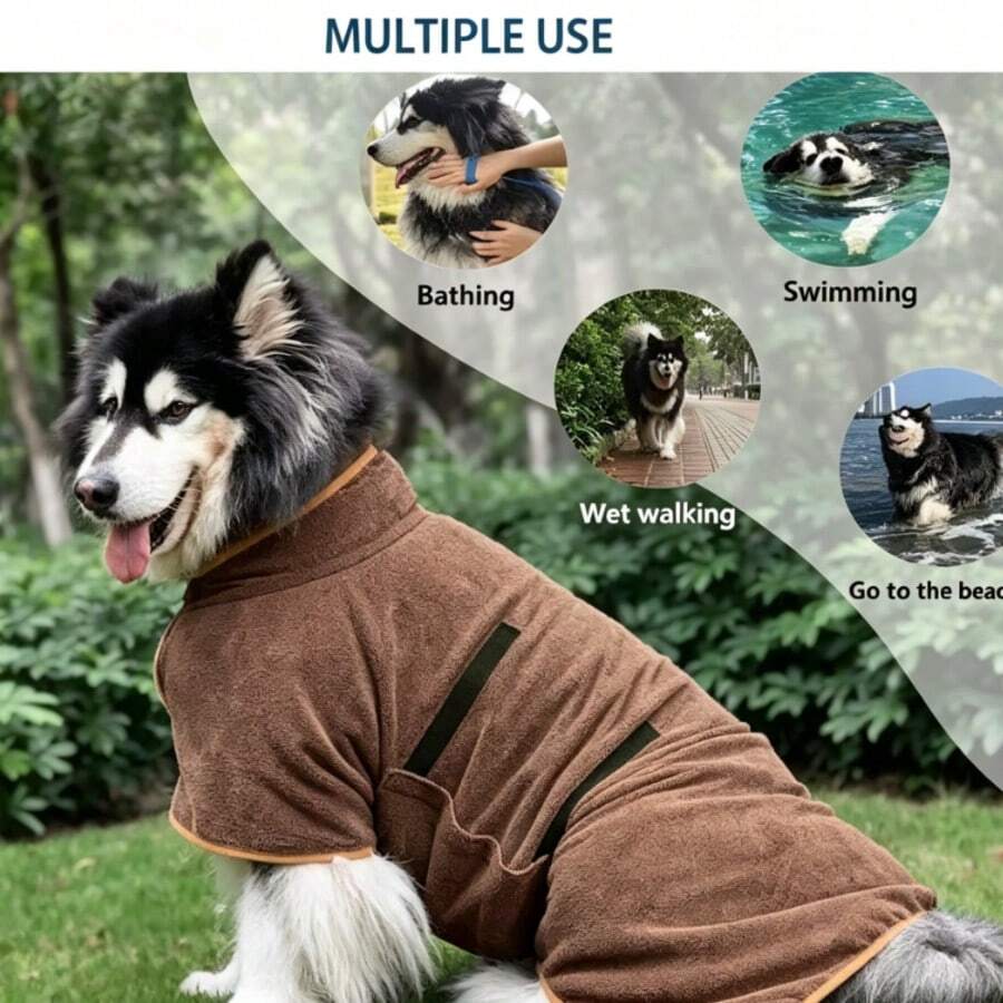 Dog Bathrobe For Large Dogs, Full Body Wrap Super Absorbent Quick Dry Pet Drying Robe, Adjustable Magic Sticker Coral Fleece, Machine Washable, For Bathing Swimming & Wet Walking, Suitable For Golden Retriever, Labrador, Border Collie, Samoyed - Grey - View 1