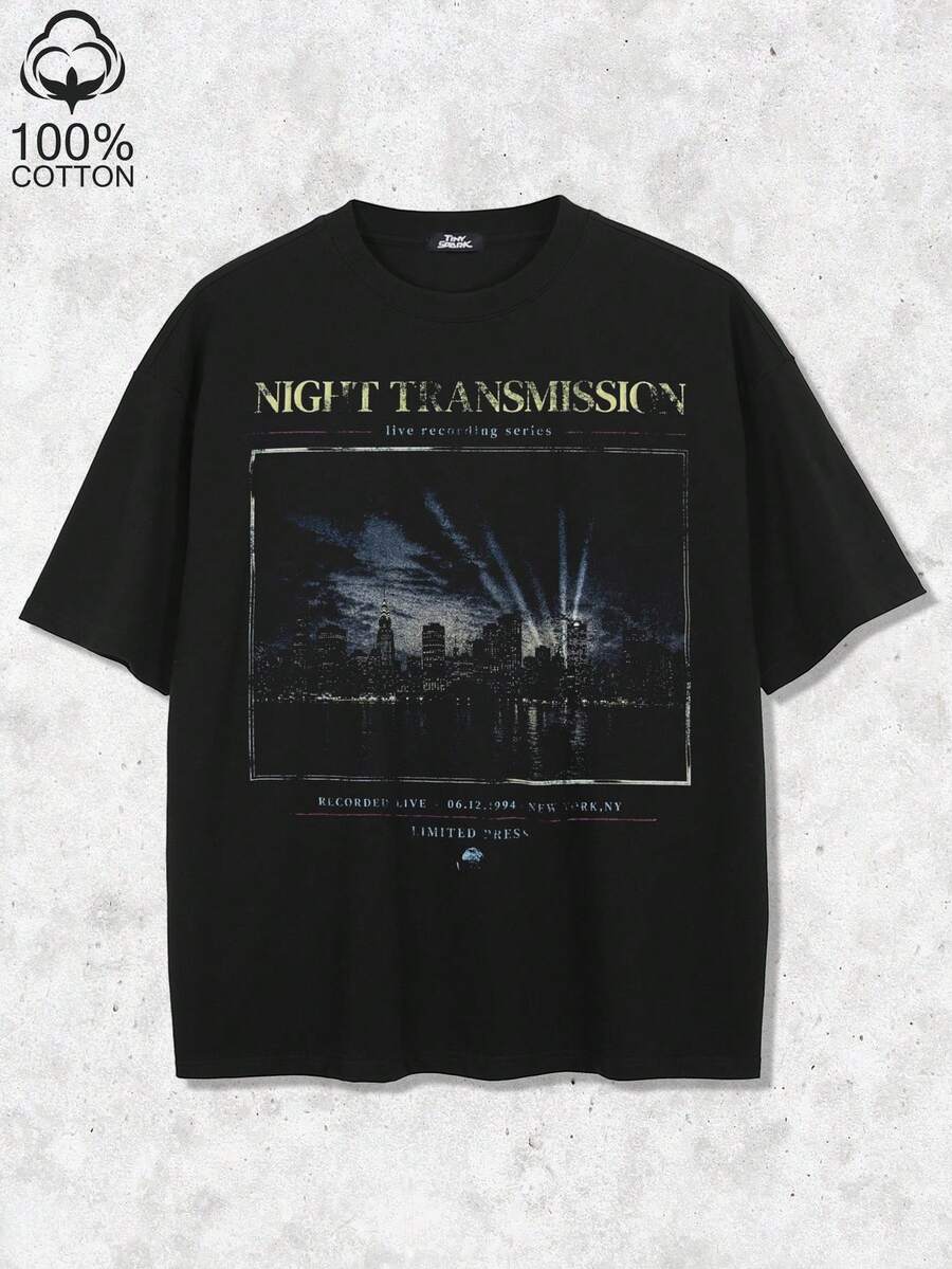 Tiny Spark Streetwear Black Tee Shirt Vintage Dark City View Distressed Graphic - Black - View 1