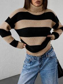 Damen Zweifarben Rollkragen Pullover mit Drop-Shoulder, Langarm, gestreifter Strickpullover für Herbst und Winter; elegant, schick und bequem - Schwarz und Weiss - Übersicht 5