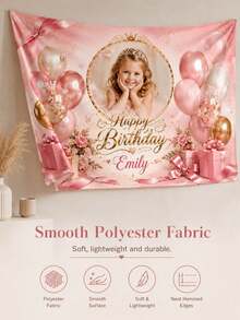 Personalized Photo Birthday Tapestry, Customized Name Pink Balloon Wall Hanging, Smooth Polyester Fabric Party Backdrop, Suitable For Bedroom, Living Room, Birthday Celebration, Family Gathering, Photo Booth Decoration, Commemorative Gift - Multicolor - View 6