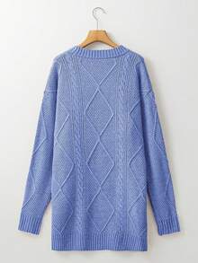 Acelitt Autumn/Winter Plus Size Women's Solid Color Knit Textured Cold Shoulder Plus Size Sweater Dress - Dusty Blue - View 7