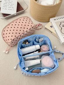Macaron Color Block Polka Dot Large Opening Makeup Bag, Blue And Pink Dual Color Options, Multi-Compartment Handheld Fabric Travel Toiletry And Skincare Storage Bag - Multicolor - View 3