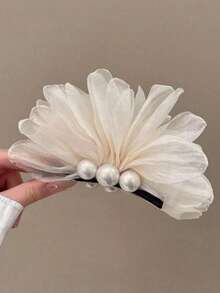 1/2/3pcs Women's Elegant Pearl Mesh Banana Hair Clips, Floral Hair Accessories, Suitable For Daily Wear, Home, Commute, Party, Birthday Gift, Preppy Style - White - View 10