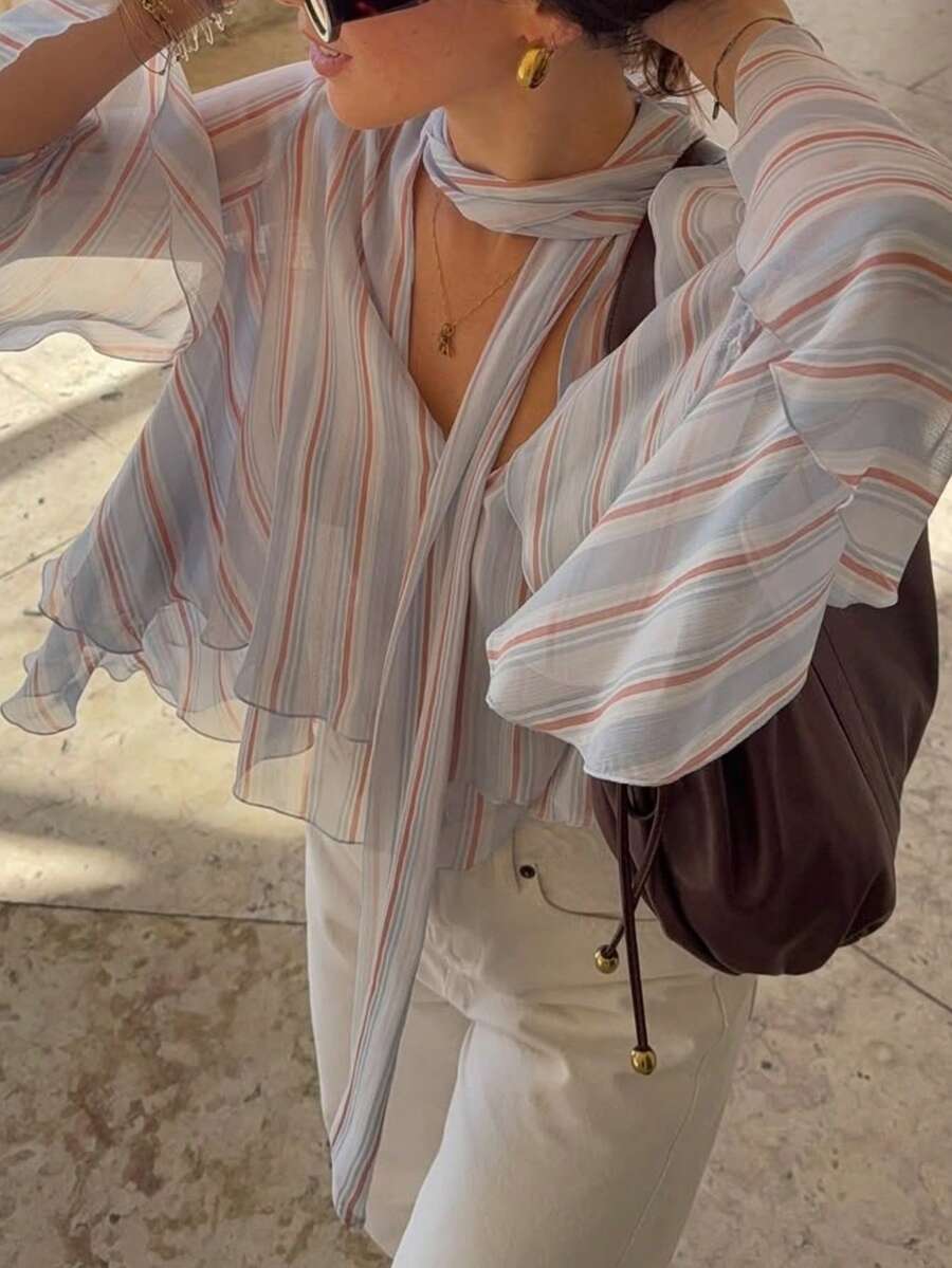 Women's Pastel Striped Tie Neck Bow Front Ruffled Flare Sleeve Woven Blouse, Cropped Casual Top For Office School Party Date Vacation Spring Fall - Multicolor - View 1
