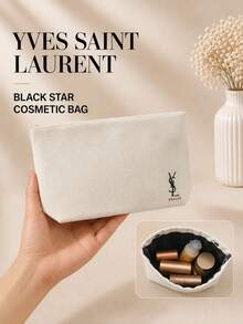 YSL Saint Laurent 黑白帆布化妝包，26.5×15.5cm，耐磨大容量，適用於旅行收納美妝用品 - 米白色 - 查看 3