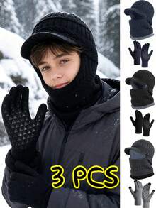 3PCS 8-16Y Outdoor Warm & Cold-Proof Knitted Hat & Gloves Set, Unisex Thermal Lined Thick Face Cover Knit Hat, Winter Knitted Hooded Sweatshirt Hat, Warm Cycling & Skiing Face Mask - 3PCS - View 1
