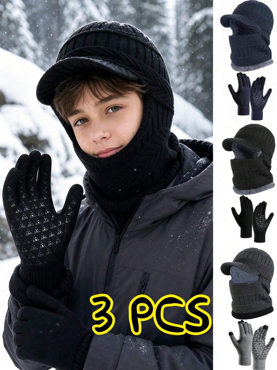 3PCS 8-16Y Outdoor Warm & Cold-Proof Knitted Hat & Gloves Set, Unisex Thermal Lined Thick Face Cover Knit Hat, Winter Knitted Hooded Sweatshirt Hat, Warm Cycling & Skiing Face Mask - 3PCS - View 1