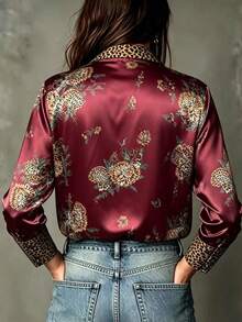 Plus Size Women's Vintage Random Print Leopard & Floral Satin Button-Up Shirt, Loose Casual Long Sleeve Top, Suitable For Daily Wear, Dating And Street Style - Burgundy - View 2