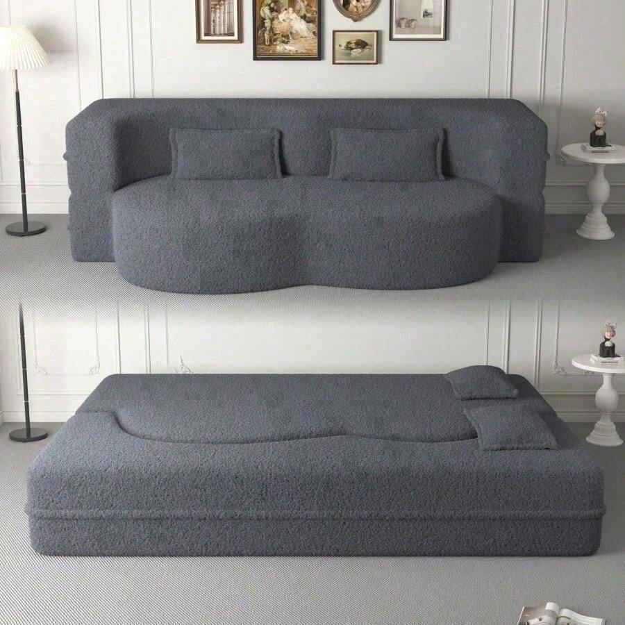 Modern Floor Sofa With 2 Pillows Convertible Teddy Fabric FoamFilled Sleeper Sofa Bed 15" Full Size Folding Mattress For Living Room Guest Bed Playroom No Assembly Required Grey Old Sku:W1885P230385 - Gris - Ver 1
