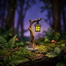 1pc Mini Micro Landscape Resin Tree Stump Hanging Lamp, Realistic Wood Grain Tree Stump Design With Root Base And Vintage Square Lantern, Detailed Texture, Compact Decorative Ornament For Moss Terrarium, Succulent Planter Landscaping, Garden Yard Scenery And Desktop Fairy Tale Scene Decor - Multicolor - View 8