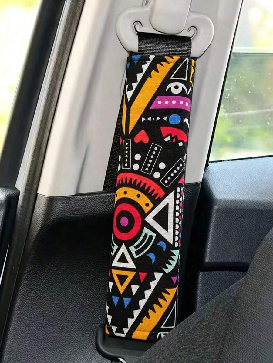 1/2pcs Black Background Geometric Pattern Random Print Car Seat Belt Shoulder Pads Bohemian Style - A - View 1