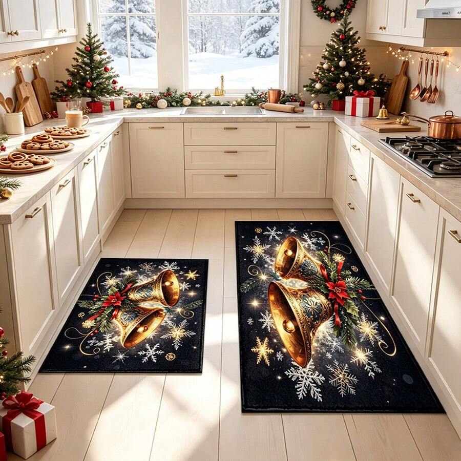 1pc Soft Faux Cashmere Material Floor Mat, Faux Cashmere Christmas Decorative Rug, Golden Bell Warm Winter Atmosphere, Entryway, Kitchen Bathroom Non-Slip, Bedroom Doorway, Holiday Atmosphere Decoration, Multi-Scenario Use Non-Slip Floor Mat, Room Decor, Holiday Gift - Multicolor - View 1
