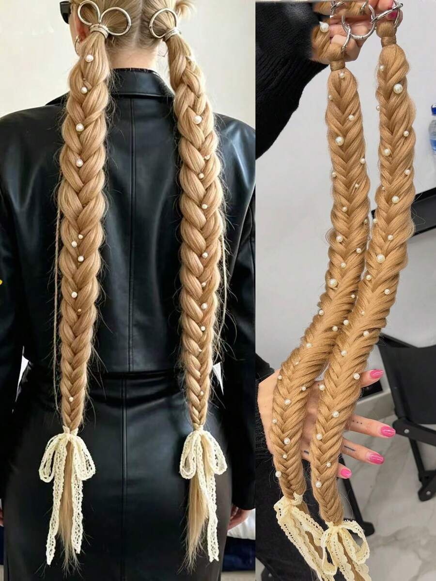 إضافة شعر ذيل حصان بطول 24 بوصة مزينة باللؤلؤ بتصميم ضفيرة عظم السمكة والدانتيل والفراشة، مشبك حلقي، من ألياف صناعية، ضفيرة باروكة للنساء للحفلات والتسريحات اليومية