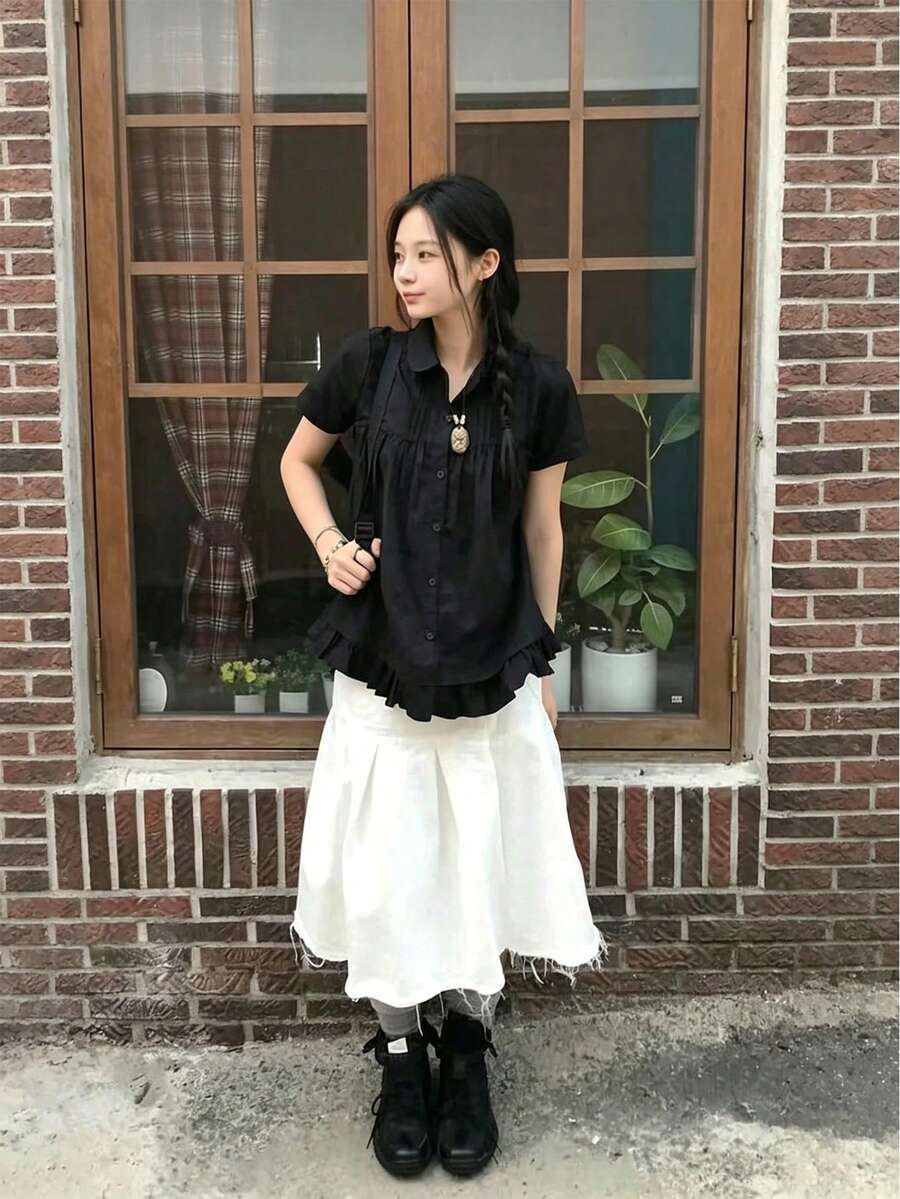 2025 Summer New Korean Style Sweet & Youthful Floral Lace Patchwork Short Sleeve Blouse Black - Black - View 1