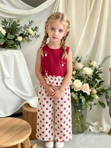 2pcs/Set Girls Sweet Outfit, New Fashion Stylish Summer Young Girl Casual Pants Set - Red - View 1