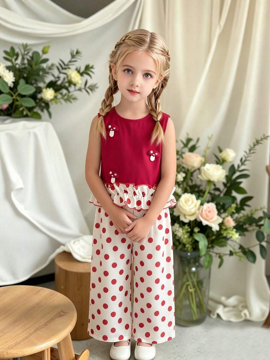 2pcs/Set Girls Sweet Outfit, New Fashion Stylish Summer Young Girl Casual Pants Set - Red - View 1