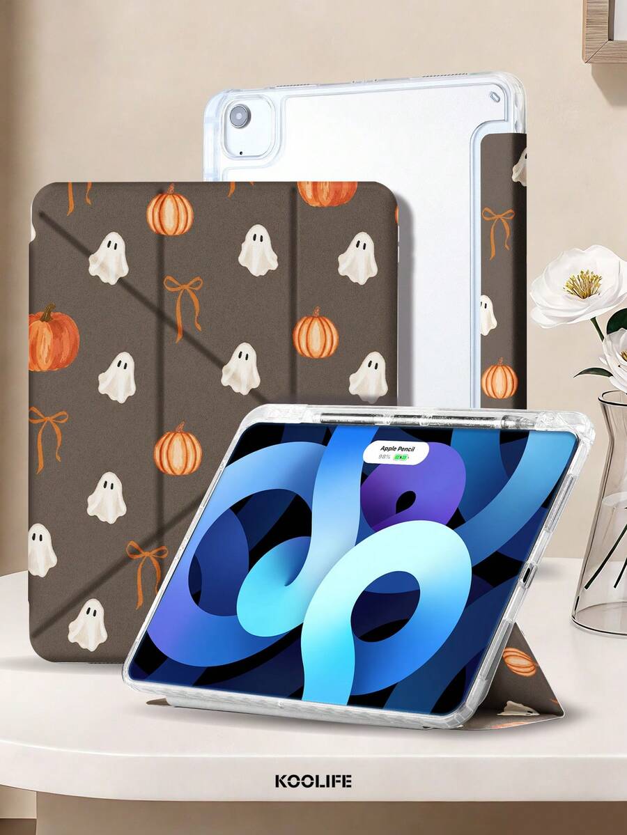 KOOLIFE 1pc Halloween Cute Print Y-Shaped Folding Magnetic Tablet Protective Case, PU Leather Outer Layer With Hard Acrylic Anti-Bend Back Plate, Pen Slot Design, Multi-Angle Folding Stand, Suitable For Office And Daily Use, Compatible With IPad Mini 6/7, Air 3/4/5/6/7/11/13 Inch (M2/M3/2024-2025), Pro 11/12.9 Inch (2020-2024), Protective Case, Protective Shell, With Cover - Dark Grey - View 1