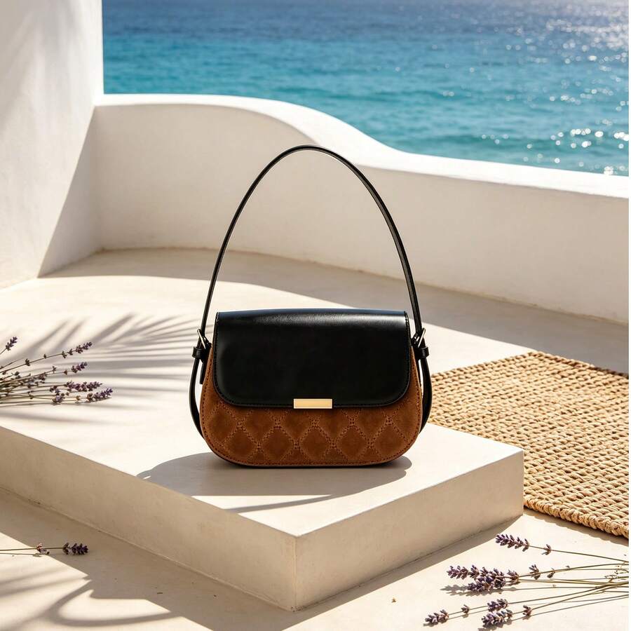 Maillard Color Block Saddle Bag For Women, Black Leather & Brown Suede Quilted Diamond Flap Underarm Bag, Minimalist Gold Buckle Adjustable Shoulder Strap Retro Commuter Shoulder Bag - Brown - View 1