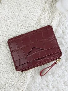 Fashionable Stone Patterned Women's Credit Card Bag, Zipper Closure Portable Cash, Credit Card, Coin Pocket Card Bag, Suitable For Outdoor And Travel - Burgundy - View 4