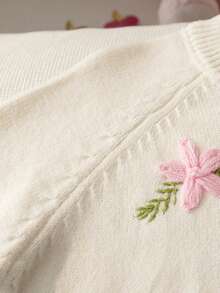 Girls' Elegant Solid Color Embroidered Round Neck Raglan Sleeve Knit Cardigan, Suitable For Daily Casual Wear And Vacation, Spring, Autumn, Winter - Apricot - View 5