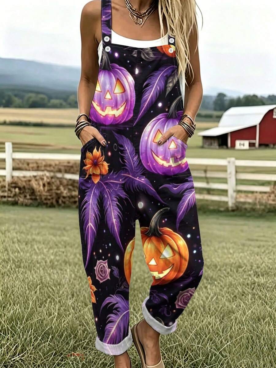 Women's Purple Feather Pumpkin Print Casual Overalls Pants With Pockets ...