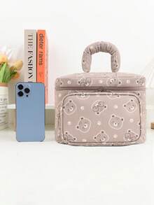 Cute Bear Print Large Capacity Makeup Organizer Bag With Compartments, Portable Cosmetic Toiletry Storage Case For Travel, Vanity & Home - Multicolor - View 5