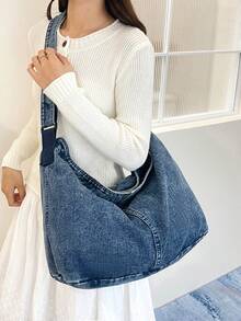New Solid Color Washed Denim Fabric Minimalist Large Capacity Women's Crossbody Bag - A - View 3