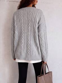 Women's Winter Casual Minimalist Cable Knit Cardigan Sweater Jacket - Light Grey - View 2
